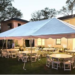 Party Squad - 20x30 tent with six round tables , eight chairs each, party, nighttime