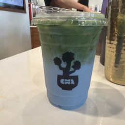 Blueberry oat milk matcha latte