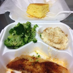 Fresh Market Cafe - Greenfield Road - Tilapia, mashed potatoes & gravy, broccoli and corn bread.