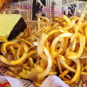 Jack's Barcelona Drive-In - Black bean burger with Swiss and a side of curly fries. - Italian Near Me - Westfield, New York Jack's Barcelona Drive-In - Black bean burger with Swiss and a side of curly fries. - Italian Near Me - Westfield, New York