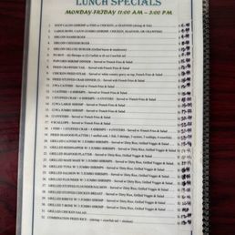Back of menu showing the lunch specials.