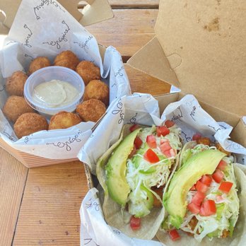 Grégoire - potato puffs and fried fish tacos (special that day) - French Near Me - Berkeley, California
