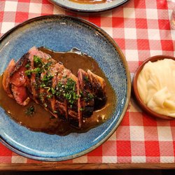 Grilled Duck Breast, Honey and Fig Sauce, Aligot