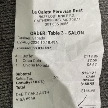 La Caleta - Este es el recibo de el asalto y todabia tuvieron valor de agregar gratuity ? Wowww que gente más descarada - Peruvian Near Me - Gaithersburg, Maryland La Caleta - Este es el recibo de el asalto y todabia tuvieron valor de agregar gratuity ? Wowww que gente más descarada - Peruvian Near Me - Gaithersburg, Maryland