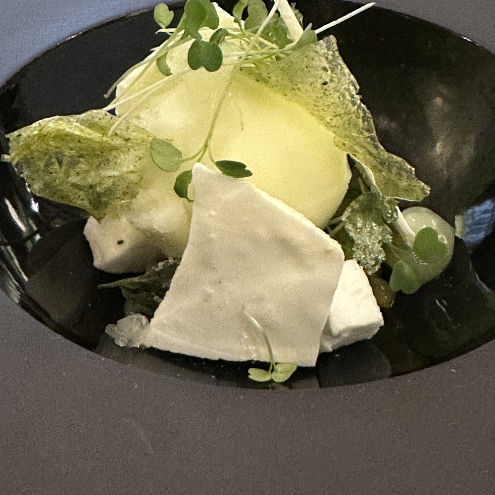 La Mère Brazier - Yuzu sorbet with parsley biscuit, candied parsley, and meringue. Fresh sparkly flavors and textures - French Near Me - Lyon, 69