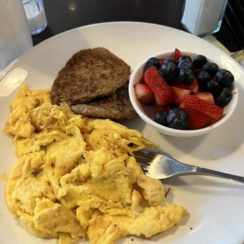 Beach Plum Kitchen - Hard overcooked scrambled eggs, dry af sausage and limp fruit. - New American Near Me - Carlsbad, California Beach Plum Kitchen - Hard overcooked scrambled eggs, dry af sausage and limp fruit. - New American Near Me - Carlsbad, California