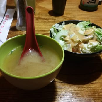 Godai - Miso soup and side salad. The dressing was awesome! - Sushi Bars Near Me - San Antonio, Texas