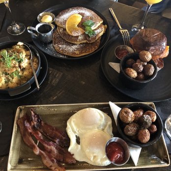 GRANVILLE - Clockwise from top: Pumpkin Chai Hotcakes, Breakfast Sandwich, Village Breakfast, Uptown Mac and Cheese - New American Near Me - Pasadena, California