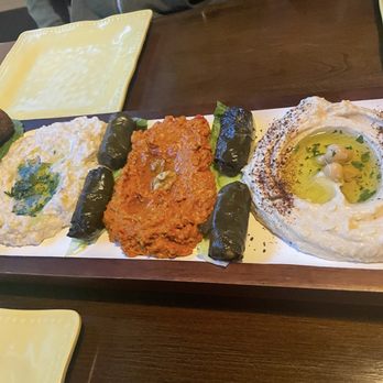 Rozana Mediterranean Grill - Sampler: Hummus, Muhammara, Baba Ghanouj served with pita, grape leaves stuffed with rice, falafel - Mediterranean Near Me - Hatboro, Pennsylvania Rozana Mediterranean Grill - Sampler: Hummus, Muhammara, Baba Ghanouj served with pita, grape leaves stuffed with rice, falafel - Mediterranean Near Me - Hatboro, Pennsylvania