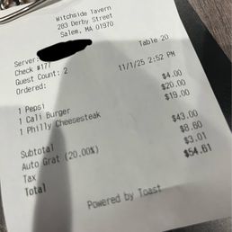 Notice the 20% automatic gratuity. Notice the 20% automatic gratuity.