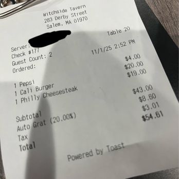 Witchside Tavern - Notice the 20% automatic gratuity. - Burgers Near Me - Salem, Massachusetts