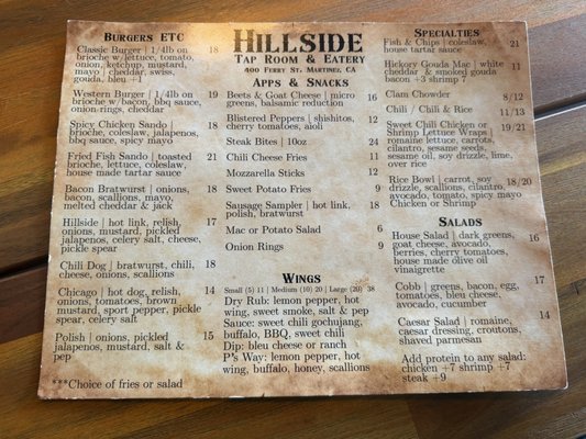 Menu photo 1 Hillside Tap Room & Eatery Martinez, CA Menu photo 1 Hillside Tap Room & Eatery Martinez, CA