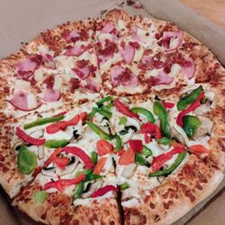 Domino's Pizza - Large pizza. 3-toppings. Half ham, bacon and pineapple, half mushrooms, green peppers and red peppers.