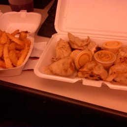 2 orders of dumplings, fries, and Big D's sauce