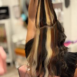 Lady 280 - my fourth visit was a balayage with a peekaboo calico for a dimensional hidden pop of color.