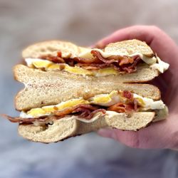 Bagel Zone Cafe & Grill - Bacon egg & cheese on an Onion bagel toasted - crisp bacon, a fresh fried real egg and melty cheese- great!