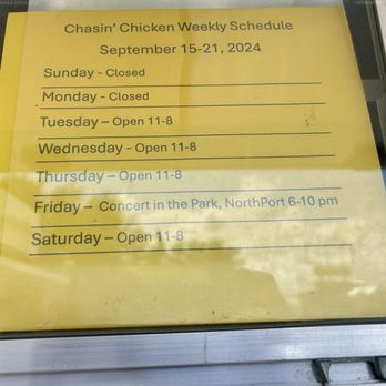 Chasin Chicken - Hours 9/15 thru 9/21 - Food Trucks Near Me - South Venice, Florida