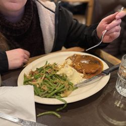 Kristall's Restaurant & Lounge - Schnitzel with gravy, mashed potatoes and good green beans
