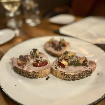 Lone Pine - Chicken Liver Paté -- plum, pickled mustard seed, grilled bead - Steakhouses Near Me - Carmel, Indiana