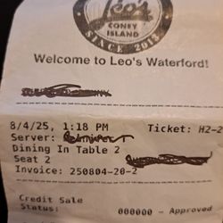 Leo's Coney Island - Receipt showing date & time of visit