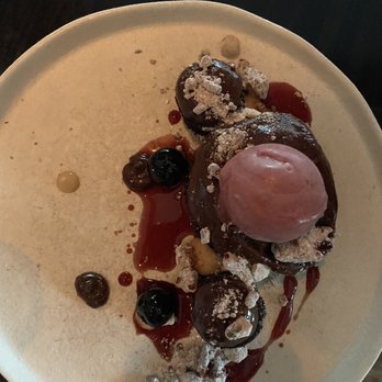 Evo - Vegan chocolate cake with pomegranate sorbet - Tapas/Small Plates Near Me - Portland, Maine Evo - Vegan chocolate cake with pomegranate sorbet - Tapas/Small Plates Near Me - Portland, Maine