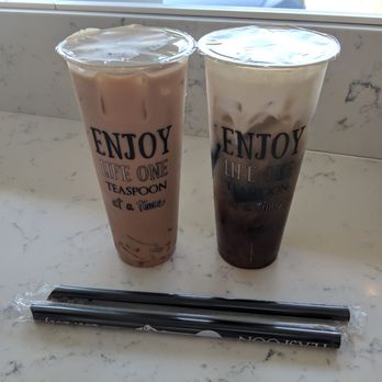 Teaspoon - House milk tea to the left, roasted crema on the right. Would invert and mix your drinks before you use the straw - Bubble Tea Near Me - Santa Clara, California