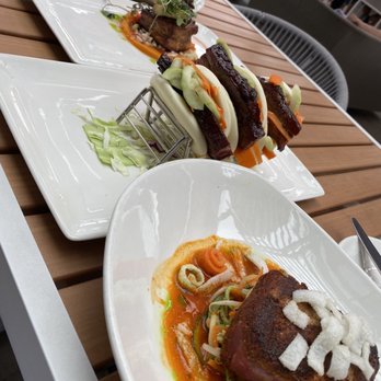 Topsail - from front to back - bluefin tuna, pork bao buns, scallop and pork belly, and lobster corn dogs (1 order is only 1 corn dog) - American Near Me - San Diego, California