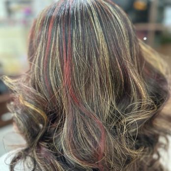 Salon by Spring - Red and blonde highlights on dark brown hair - Hair Salons Near Me - Garden Grove, California
