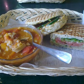 Cafe De Gourmet Delights & Catering - Tomato Barley Soup with a Veggie Panini - Caterers Near Me - Delta, British Columbia Cafe De Gourmet Delights & Catering - Tomato Barley Soup with a Veggie Panini - Caterers Near Me - Delta, British Columbia
