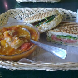 Cafe De Gourmet Delights & Catering - Tomato Barley Soup with a Veggie Panini