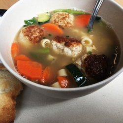 Cafe Seven - Chicken Meatball veggy soup. With heated Roll on the side.