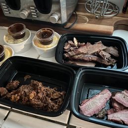 Tri tip, beef ends, Mac and cheese potato salad Tri tip, beef ends, Mac and cheese potato salad