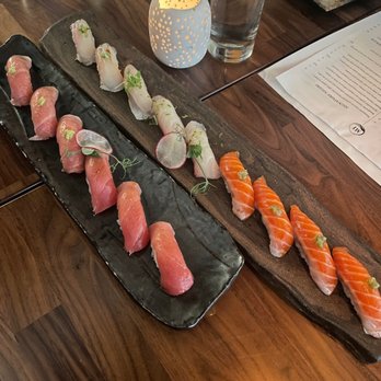MF Sushi - Assorted Nigiri (Ocean Trout, Kanpachi, Madai, O-Toro, Shima Aji) - Sushi Bars Near Me - Houston, Texas MF Sushi - Assorted Nigiri (Ocean Trout, Kanpachi, Madai, O-Toro, Shima Aji) - Sushi Bars Near Me - Houston, Texas