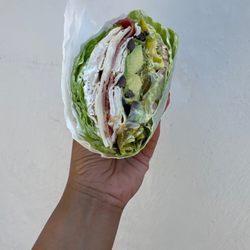 Bara's Deli - Lettuce wrap, cali club added sprouts, jalapeños, peperoncini , and black olives...subbed Swiss for cheddar...PEFECTION