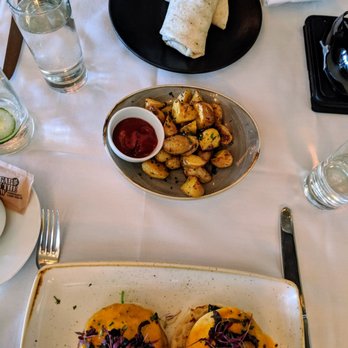 Crossroads Kitchen - Benedict, side of potatoes, tiny burrito - Vegan Near Me - Los Angeles, California