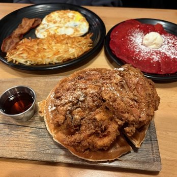 Myke's Cafe - Chicken & Waffles | Eggs, bacon, hash browns, red velvet pancackes - Cafes Near Me - Los Angeles, California