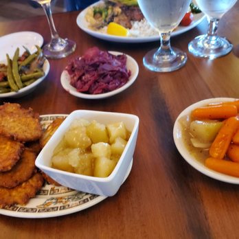 Alpine Chef Restaurant - Potato pancakes with apple sauce(sooo good), purple cabbage,  green beans and glazed carrots - German Near Me - Fredericksburg, Virginia