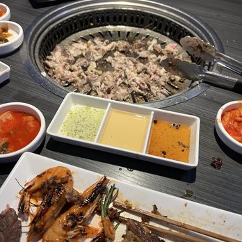 Gen Korean BBQ House - From top to bottom: pork belly, beef belly, Cajun shrimp, premium skirt steak - Korean Near Me - Northridge, California Gen Korean BBQ House - From top to bottom: pork belly, beef belly, Cajun shrimp, premium skirt steak - Korean Near Me - Northridge, California