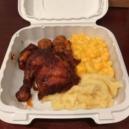 One piece of chicken, little bit of mash potatoes, 3 mini hush puppies, and some Mac and cheese. $10. I got ripped off.