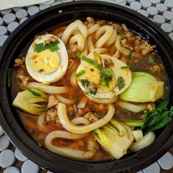 Mainely Noods - Five spice broth, udon, szechuan chicken, soft boiled egg, bok choy - SOOO tasty - Noodles Near Me - Portland, Maine Mainely Noods - Five spice broth, udon, szechuan chicken, soft boiled egg, bok choy - SOOO tasty - Noodles Near Me - Portland, Maine
