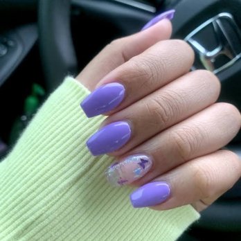 Nail Shadow Salon - Purple coffin/square shaped with clear ring finger with butterflies - Nail Salons Near Me - Kennesaw, Georgia Nail Shadow Salon - Purple coffin/square shaped with clear ring finger with butterflies - Nail Salons Near Me - Kennesaw, Georgia