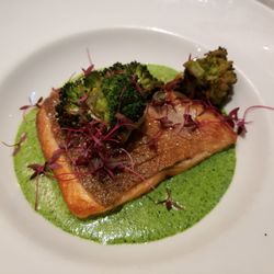 Two Fat Ladies - SEA TROUT, SPINACH & NETTLE CREAM, SPROUTING BROCOLLI £19.50