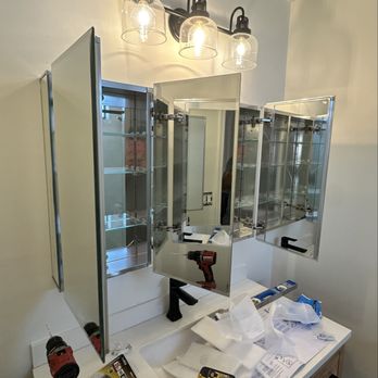 KapMorgan - Bathroom vanity fit-out: double vanity set and levelled, mirrors hung, light bar mounted. - Handyman Near Me - North Hills, California KapMorgan - Bathroom vanity fit-out: double vanity set and levelled, mirrors hung, light bar mounted. - Handyman Near Me - North Hills, California