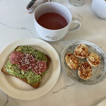 Heirloom Haul - Avocado toast deviled eggs and hot tea - Tea Rooms Near Me - Frisco, Texas Heirloom Haul - Avocado toast deviled eggs and hot tea - Tea Rooms Near Me - Frisco, Texas
