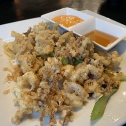 Crispy Calamari with mushrooms as celery with spicy Mayo and a warm Ponzu sauce DELICIOUS