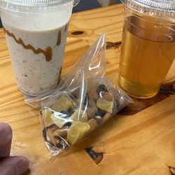 Deluxe Nutrition - Oatmeal cookie on the left. Almond vanilla raisin. Chai mandarin tea on the right.