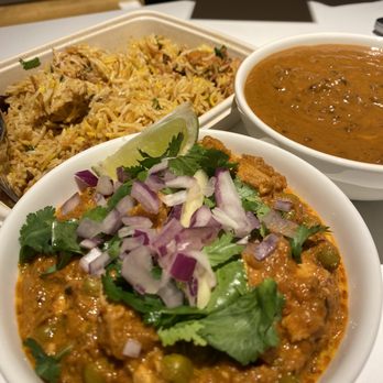 Dishoom - Mattar Paneer (front), Black House Daal (back right), and Chicken Berry Britannia (back left). - Indian Near Me - London, XGL Dishoom - Mattar Paneer (front), Black House Daal (back right), and Chicken Berry Britannia (back left). - Indian Near Me - London, XGL