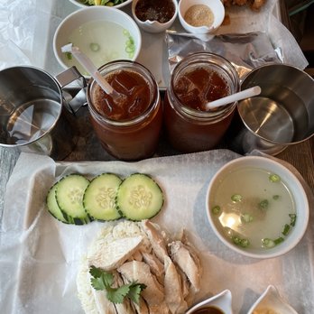 Three Roosters - Zab Fried Chicken Plate Poached Chicken Plate Thai Tea with Lime Juice - Thai Near Me - New York, New York