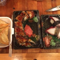 Quan's Kitchen - Left to right: Crab Rangoon, dragon maki, tako nigiri