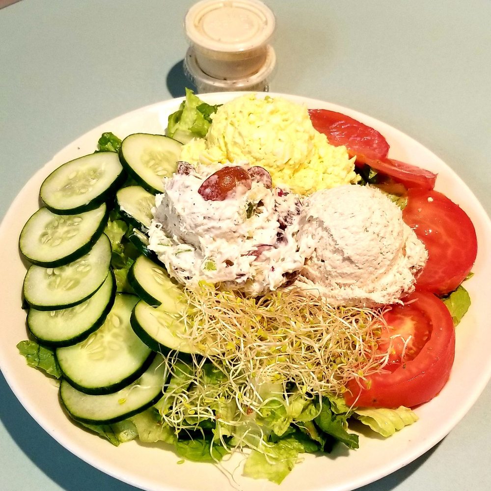 Cherry Pick Cafe - $13.50 Tri Scoop Salad: Tuna, Egg Salad & Chicken Salad - lettuce w/slices cucumbers, tomatoes & sprouts. Caesar dressing on the side, yum! - Sandwiches Near Me - Los Angeles, California Cherry Pick Cafe - $13.50 Tri Scoop Salad: Tuna, Egg Salad & Chicken Salad - lettuce w/slices cucumbers, tomatoes & sprouts. Caesar dressing on the side, yum! - Sandwiches Near Me - Los Angeles, California